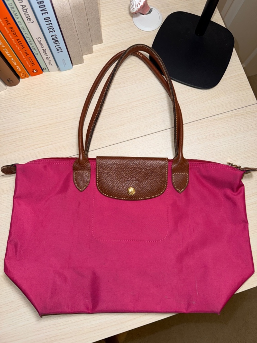 Longchamp Hot Pink Nylon Tote with Brown Leather Trim